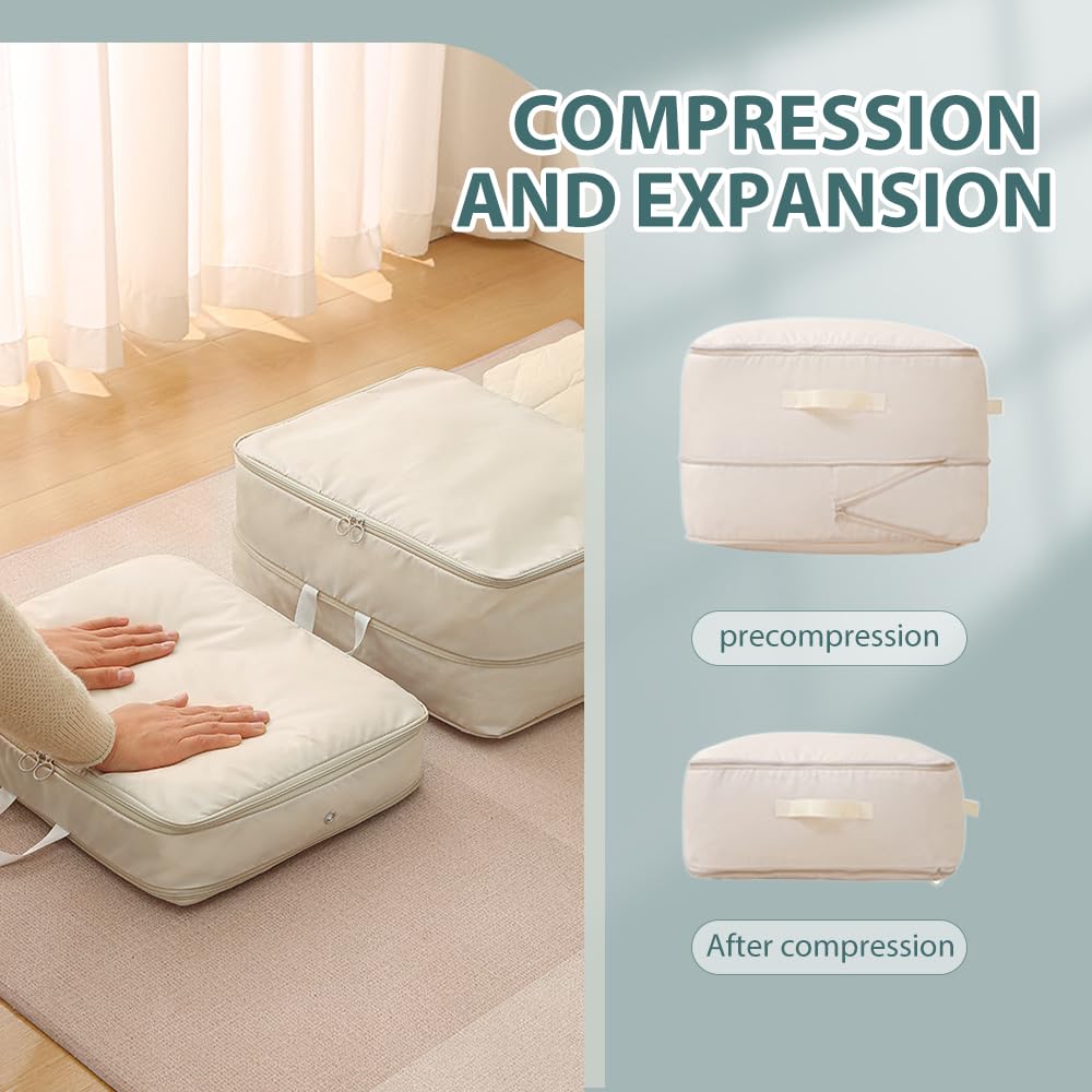 Space Saving Self Compression Organizer,Space Saver Quilt Compression Storage Bag for Comforters, Blankets, Bedding (Beige, L - 54*42*30 cm)