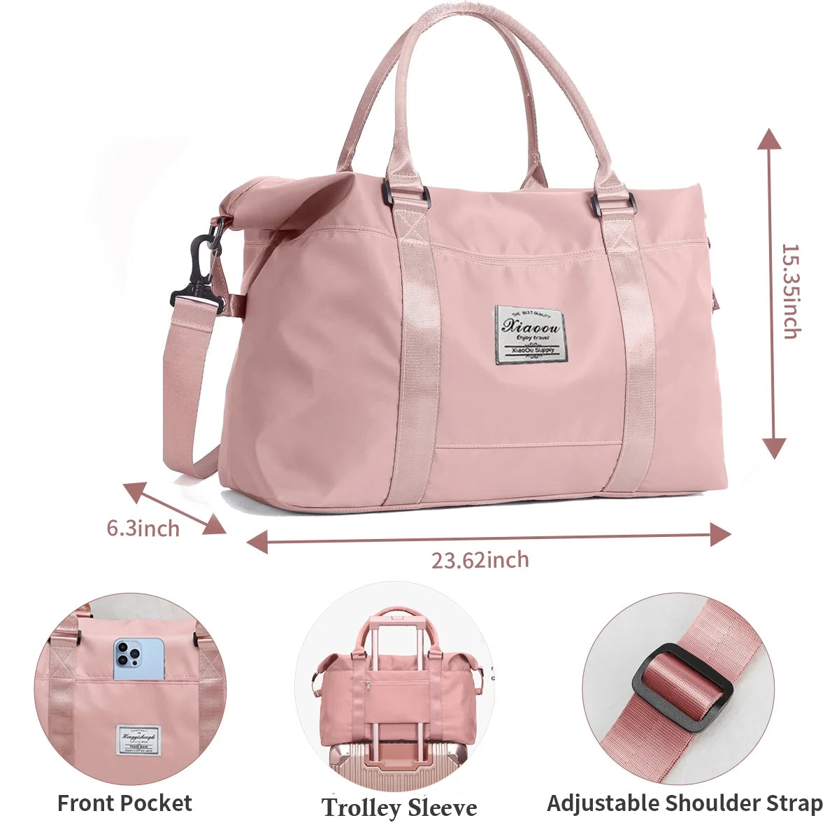 24" Weekender Bags for Women, Travel Duffle Bags, Wet Dry Pocket/Front Phone Pocket/Trolley Sleeve Pocket for Travel, Airline Approved, Pink