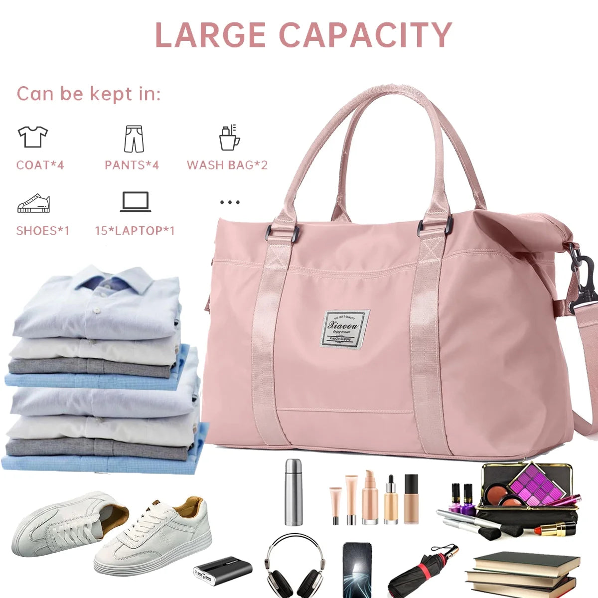 24" Weekender Bags for Women, Travel Duffle Bags, Wet Dry Pocket/Front Phone Pocket/Trolley Sleeve Pocket for Travel, Airline Approved, Pink